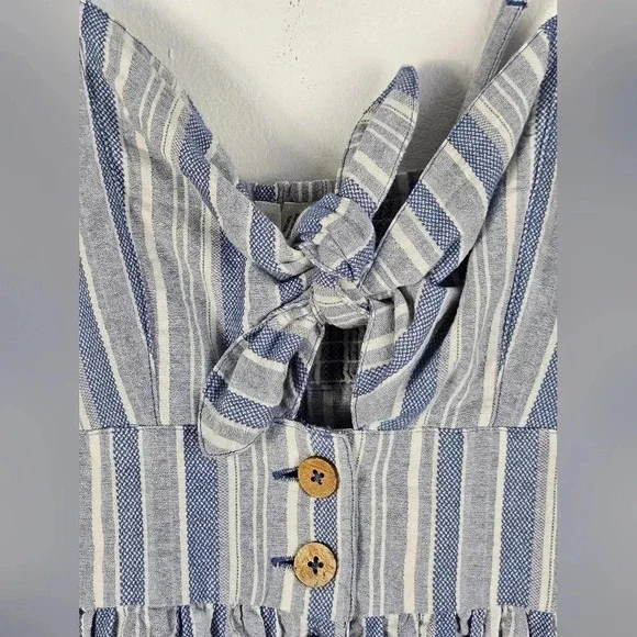 Roxy Blue White Stripe Tie Front Button Front Mini Dress Pockets Size M NWT‎